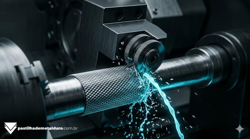 Close-up cinematográfico de uma ferramenta de recartilhar por corte usinando um padrão diamantado perfeito em um eixo de aço dentro de um torno CNC sob jatos de fluido.
