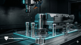 Macrofotografia cinematográfica de uma base de travamento Zero Point fixando uma morsa de 5 eixos em um Centro de Usinagem CNC de alto desempenho.