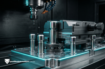 Macrofotografia cinematográfica de uma base de travamento Zero Point fixando uma morsa de 5 eixos em um Centro de Usinagem CNC de alto desempenho.