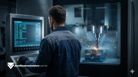 Fotografia cinematográfica de uma tela de comando CNC de alta tecnologia exibindo linhas luminosas de Código G, com uma fresa de metal duro usinando aço ao fundo no interior da máquina.