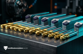 Macrofotografia cinematográfica mostrando várias ferramentas de usinagem, incluindo uma fresa de metal duro e suportes de torneamento, perfiladas sob iluminação dramática no chão de fábrica.
