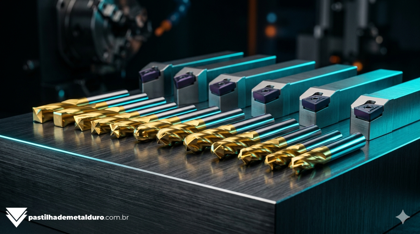 Macrofotografia cinematográfica mostrando várias ferramentas de usinagem, incluindo uma fresa de metal duro e suportes de torneamento, perfiladas sob iluminação dramática no chão de fábrica.