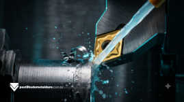 Macrofotografia cinematográfica de um jato potente de fluido de corte translúcido atingindo a ponta de uma pastilha de metal duro revestida durante o torneamento pesado de um eixo de aço em um Torno CNC.