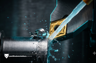 Macrofotografia cinematográfica de um jato potente de fluido de corte translúcido atingindo a ponta de uma pastilha de metal duro revestida durante o torneamento pesado de um eixo de aço em um Torno CNC.