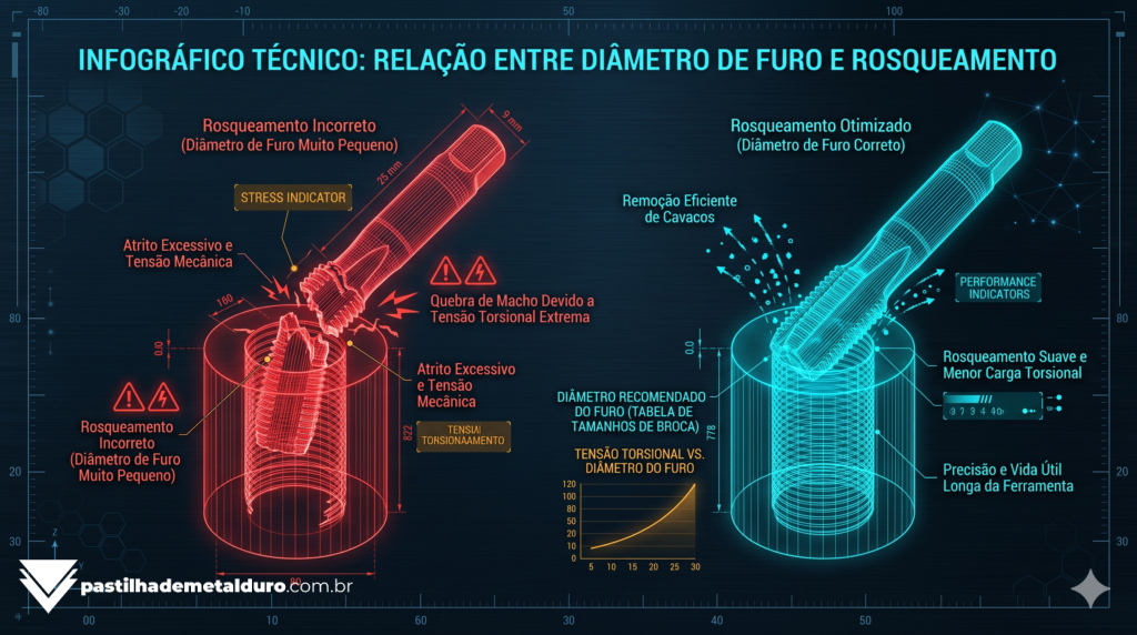 Infográfico técnico de engenharia comparando as forças de tensão extrema de um pré-furo incorreto contra o fluxo de corte perfeito na abertura de roscas com macho máquina.