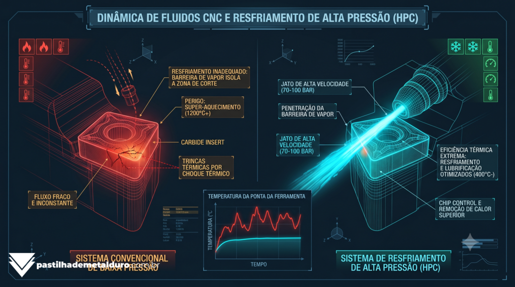 Infográfico técnico de engenharia comparando as trincas de choque térmico causadas por refrigeração deficiente contra a eficiência hidráulica de um sistema de refrigeração HPC no CNC.