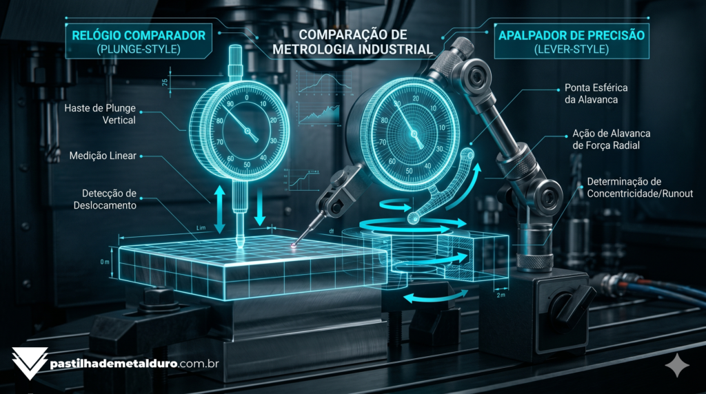 Infográfico técnico demonstrando as diferenças cinemáticas de medição entre um relógio comparador de êmbolo vertical e um relógio apalpador de haste articulada radial.