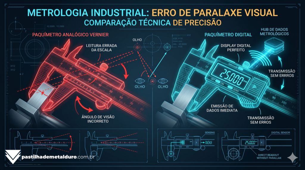 Infográfico técnico de metrologia dividindo a tela para comparar a dificuldade visual e o risco de paralaxe na escala de um paquímetro analógico contra a clareza e precisão numérica de um paquímetro digital.