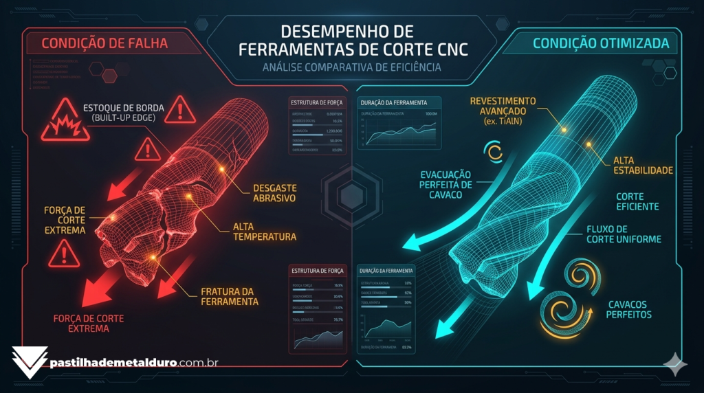 Infográfico técnico de usinagem dividindo a tela entre os problemas causados pela escolha incorreta de ferramentas e as métricas de alta performance geradas por insertos otimizados com revestimentos PVD e CVD.