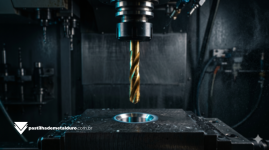 Macrofotografia cinematográfica de um macho de roscar (macho máquina) com revestimento de titânio descendo em um pré-furo usinado de uma peça de aço carbono no Centro de Usinagem CNC