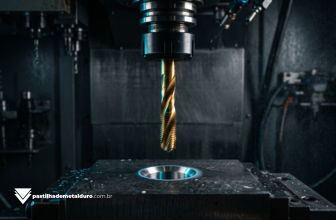 Macrofotografia cinematográfica de um macho de roscar (macho máquina) com revestimento de titânio descendo em um pré-furo usinado de uma peça de aço carbono no Centro de Usinagem CNC