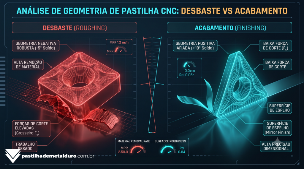 Infográfico técnico dividindo a tela para comparar a robustez de um inserto para usinagem de desbaste contra a precisão afiada de um inserto de acabamento positivo.